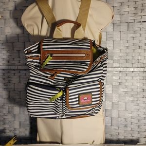 BackPack Lilly Bloom Navy striped Green Lining Leather Trim Lots Of Pockets